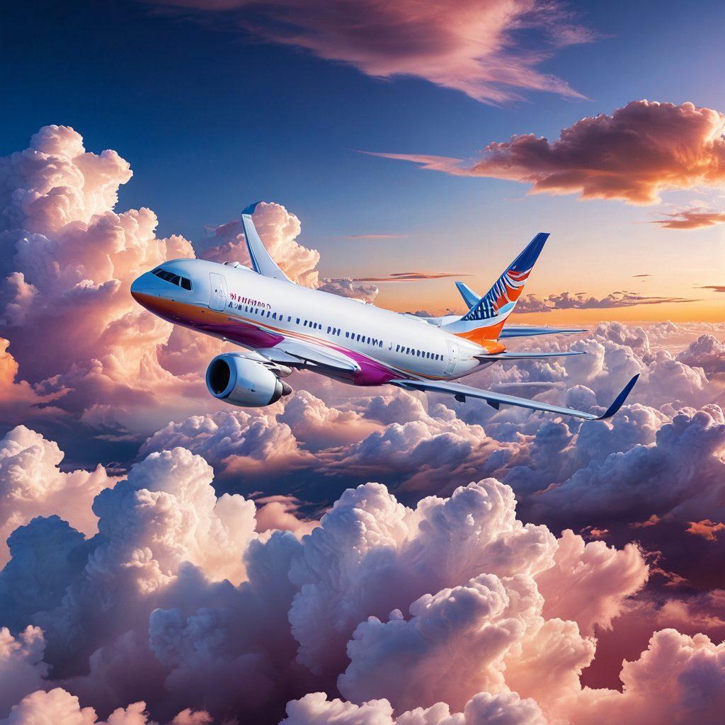 A dynamic scene of a commercial airplane soaring through fluffy clouds with visible airflow patterns illustrated around it, emphasizing the physics of air movement. Include a contrasting blue sky with hints of sunset colors to convey the journey and exploration aspect. Add elements such as a compass and wind direction arrows subtly integrated into the background to symbolize navigation. super-realistic. vibrant colors. 3D.
