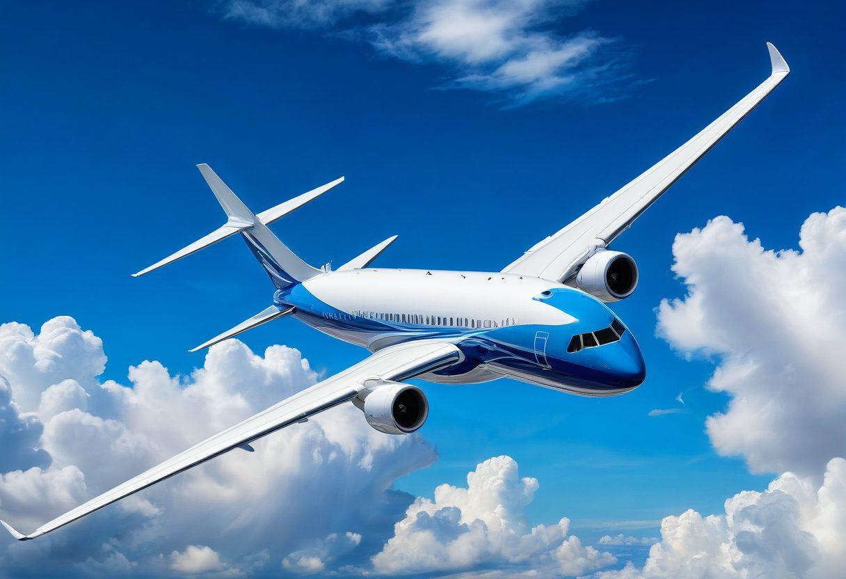 A stunning visualization of a modern aircraft soaring through the sky with dynamic airflow patterns illustrated around it, showcasing the principles of aerodynamics. Include an abstract depiction of wind tunnels and design blueprints in the background, blending with clouds and vibrant skies. The colors should be vivid to emphasize the technology and innovation in aircraft design. super-realistic. vibrant colors. 3D.