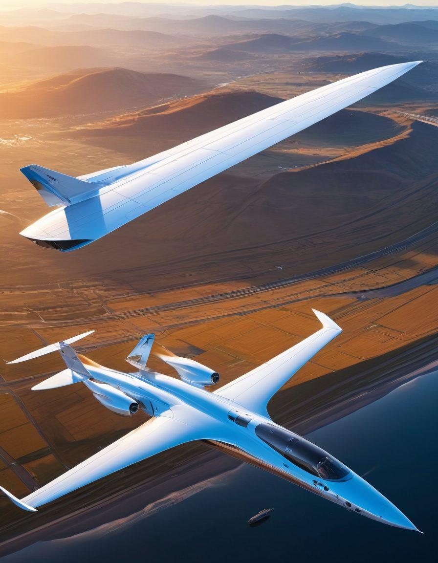 A futuristic aircraft soaring through a clear blue sky, showcasing sleek aerodynamic lines and innovative wing designs. Below, the landscape features a modern airfield with engineers analyzing the plane's performance, while diagrams of aerodynamic principles float in the background. The scene is illuminated by warm sunlight, creating a sense of hope and advancement in aviation technology. super-realistic. vibrant colors. 3D.